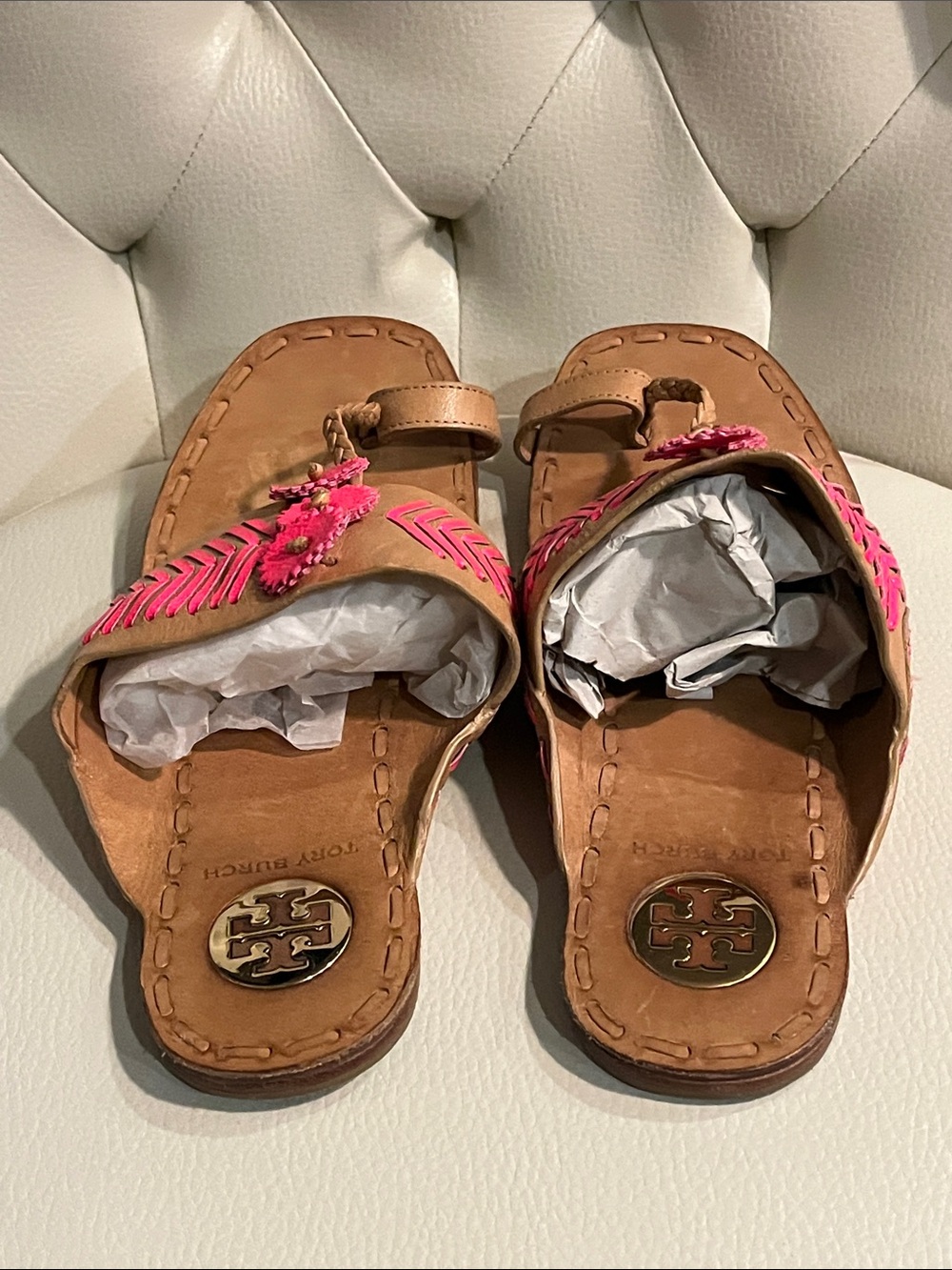 Tory Burch Tan Leather Sandals with Hot Pink Trim RARE FIND BOHO STYLE - Picture 5 of 10